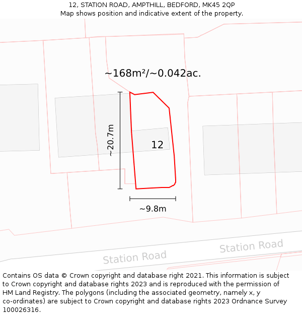 12, STATION ROAD, AMPTHILL, BEDFORD, MK45 2QP: Plot and title map