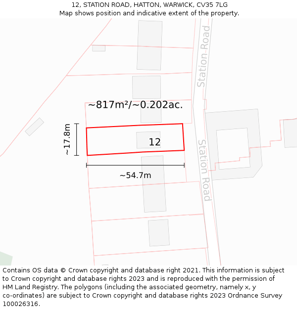 12, STATION ROAD, HATTON, WARWICK, CV35 7LG: Plot and title map