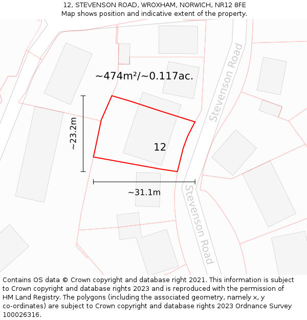 12, STEVENSON ROAD, WROXHAM, NORWICH, NR12 8FE: Plot and title map