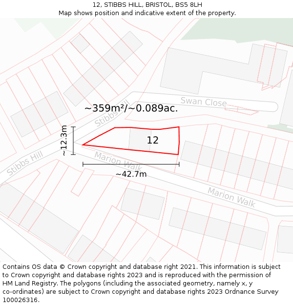 12, STIBBS HILL, BRISTOL, BS5 8LH: Plot and title map