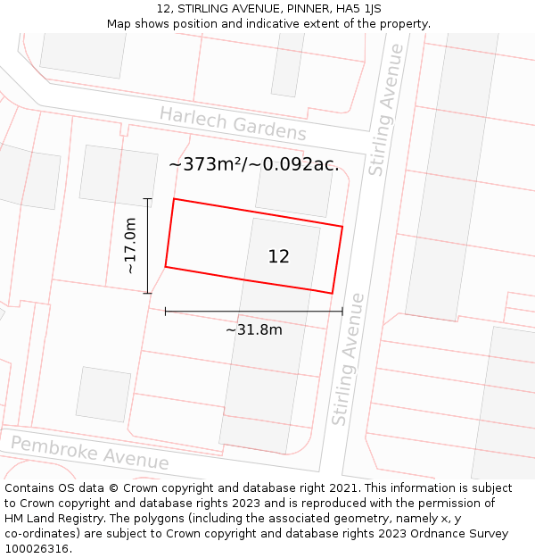 12, STIRLING AVENUE, PINNER, HA5 1JS: Plot and title map