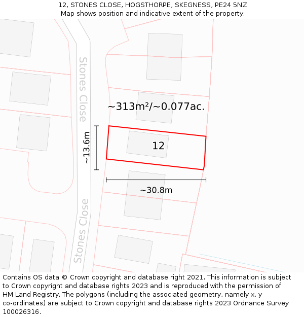 12, STONES CLOSE, HOGSTHORPE, SKEGNESS, PE24 5NZ: Plot and title map