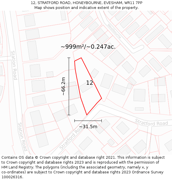 12, STRATFORD ROAD, HONEYBOURNE, EVESHAM, WR11 7PP: Plot and title map