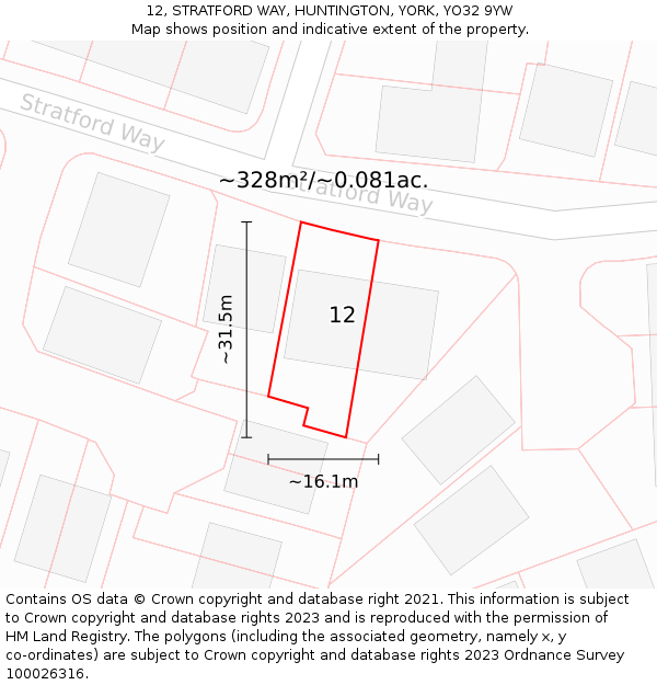 12, STRATFORD WAY, HUNTINGTON, YORK, YO32 9YW: Plot and title map