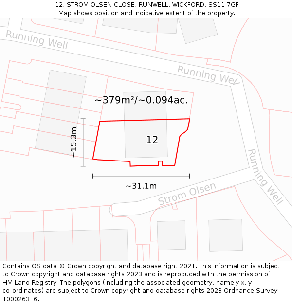 12, STROM OLSEN CLOSE, RUNWELL, WICKFORD, SS11 7GF: Plot and title map