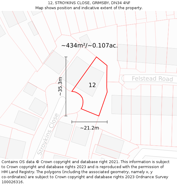 12, STROYKINS CLOSE, GRIMSBY, DN34 4NF: Plot and title map