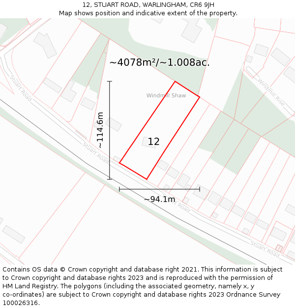 12, STUART ROAD, WARLINGHAM, CR6 9JH: Plot and title map