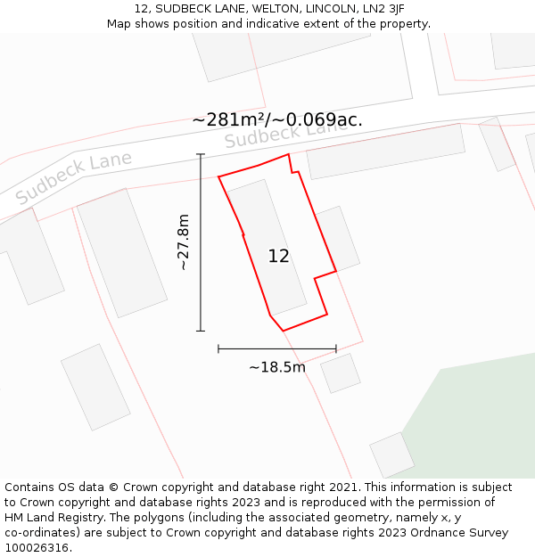 12, SUDBECK LANE, WELTON, LINCOLN, LN2 3JF: Plot and title map