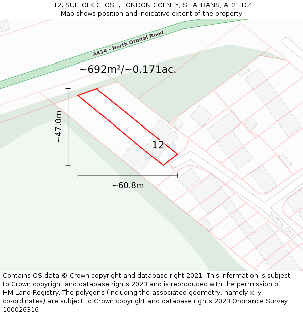 12, SUFFOLK CLOSE, LONDON COLNEY, ST ALBANS, AL2 1DZ: Plot and title map