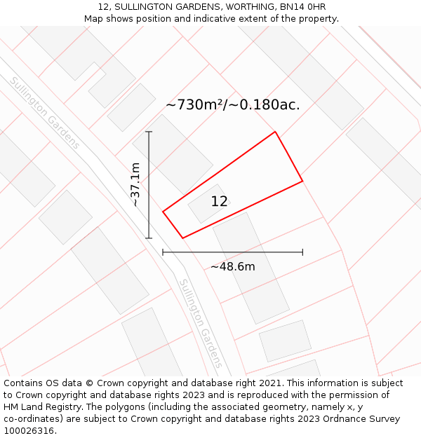 12, SULLINGTON GARDENS, WORTHING, BN14 0HR: Plot and title map