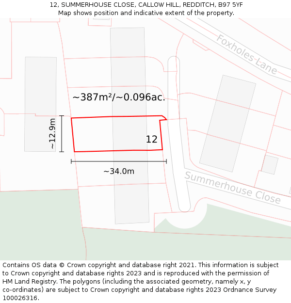 12, SUMMERHOUSE CLOSE, CALLOW HILL, REDDITCH, B97 5YF: Plot and title map
