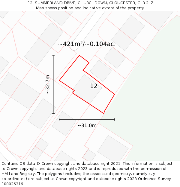 12, SUMMERLAND DRIVE, CHURCHDOWN, GLOUCESTER, GL3 2LZ: Plot and title map