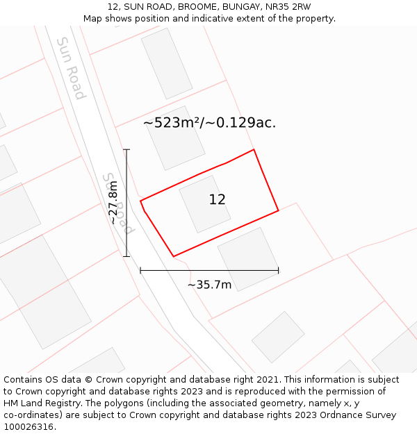 12, SUN ROAD, BROOME, BUNGAY, NR35 2RW: Plot and title map