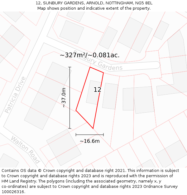 12, SUNBURY GARDENS, ARNOLD, NOTTINGHAM, NG5 8EL: Plot and title map