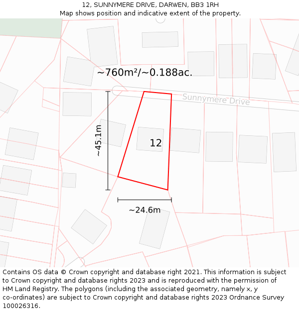 12, SUNNYMERE DRIVE, DARWEN, BB3 1RH: Plot and title map