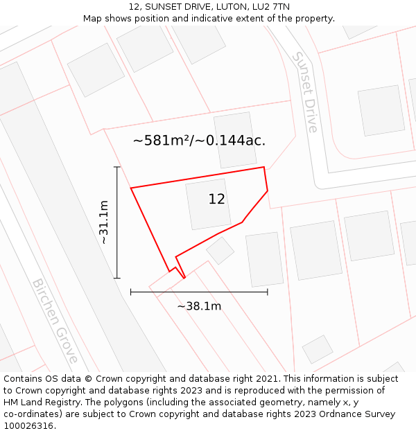 12, SUNSET DRIVE, LUTON, LU2 7TN: Plot and title map