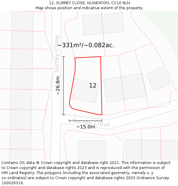 12, SURREY CLOSE, NUNEATON, CV10 8LN: Plot and title map