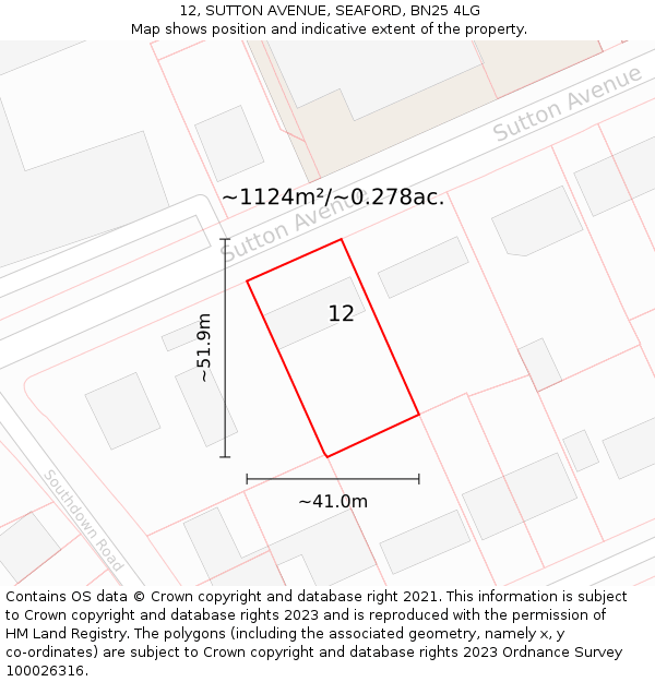 12, SUTTON AVENUE, SEAFORD, BN25 4LG: Plot and title map