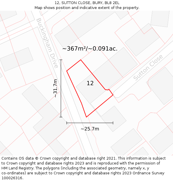 12, SUTTON CLOSE, BURY, BL8 2EL: Plot and title map