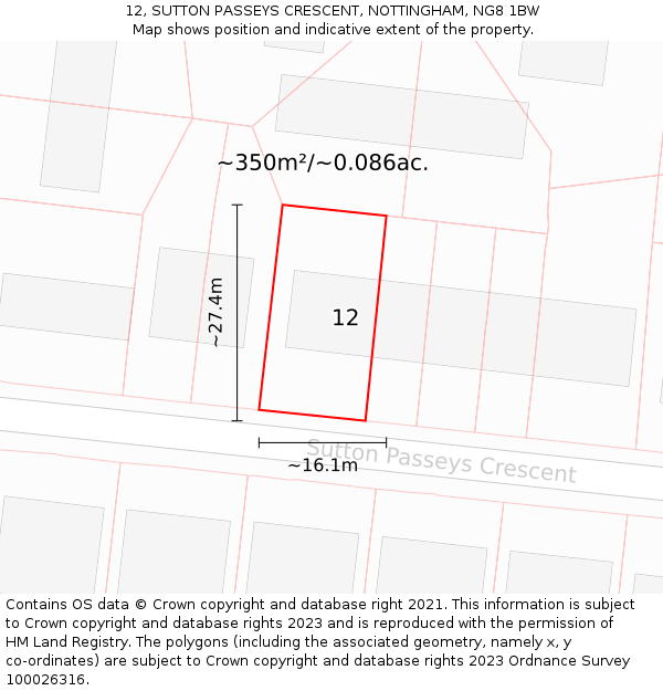 12, SUTTON PASSEYS CRESCENT, NOTTINGHAM, NG8 1BW: Plot and title map
