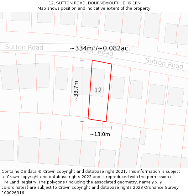 12, SUTTON ROAD, BOURNEMOUTH, BH9 1RN: Plot and title map