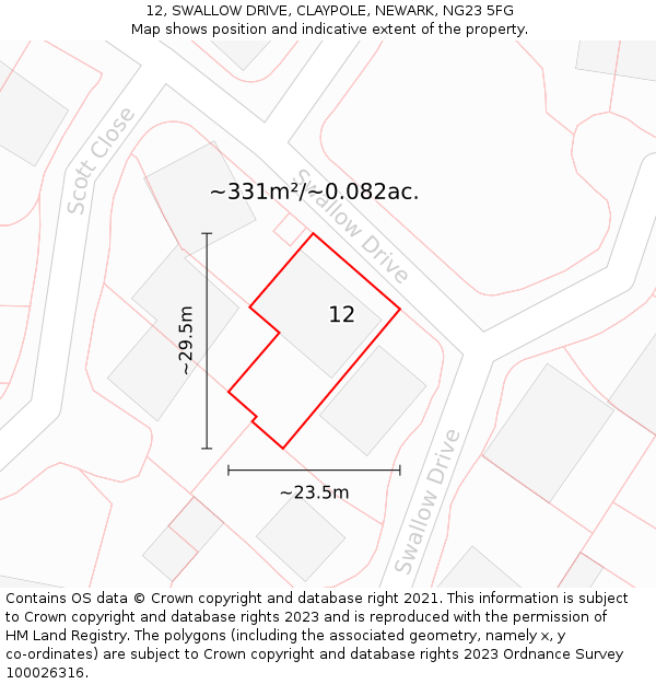 12, SWALLOW DRIVE, CLAYPOLE, NEWARK, NG23 5FG: Plot and title map