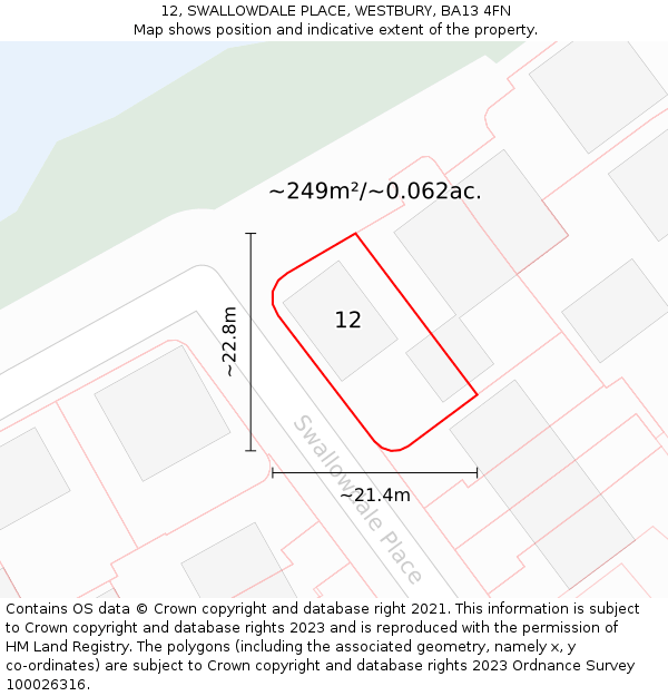 12, SWALLOWDALE PLACE, WESTBURY, BA13 4FN: Plot and title map