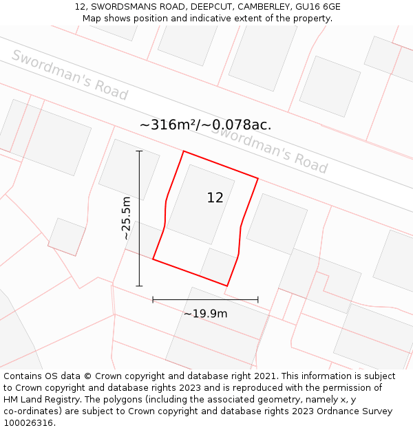 12, SWORDSMANS ROAD, DEEPCUT, CAMBERLEY, GU16 6GE: Plot and title map