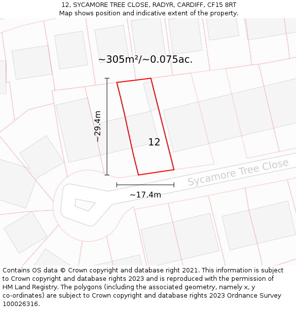 12, SYCAMORE TREE CLOSE, RADYR, CARDIFF, CF15 8RT: Plot and title map