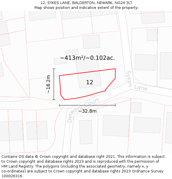 12, SYKES LANE, BALDERTON, NEWARK, NG24 3LT: Plot and title map