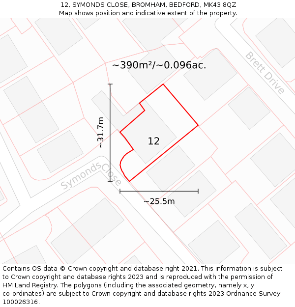 12, SYMONDS CLOSE, BROMHAM, BEDFORD, MK43 8QZ: Plot and title map