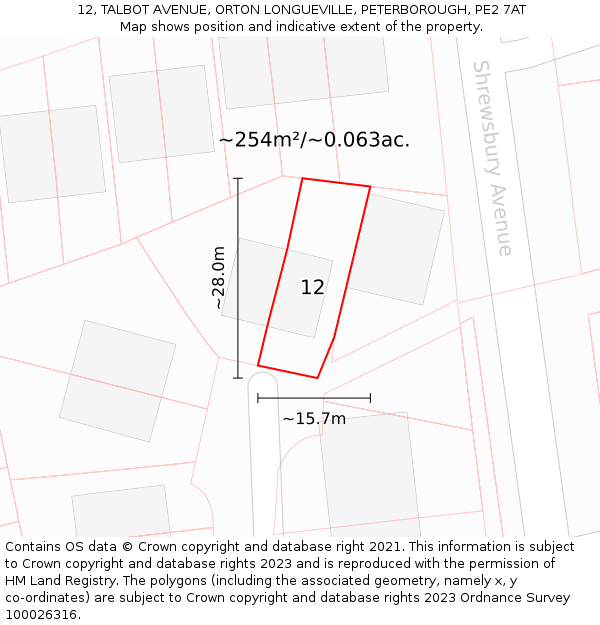 12, TALBOT AVENUE, ORTON LONGUEVILLE, PETERBOROUGH, PE2 7AT: Plot and title map