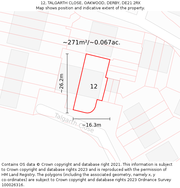12, TALGARTH CLOSE, OAKWOOD, DERBY, DE21 2RX: Plot and title map