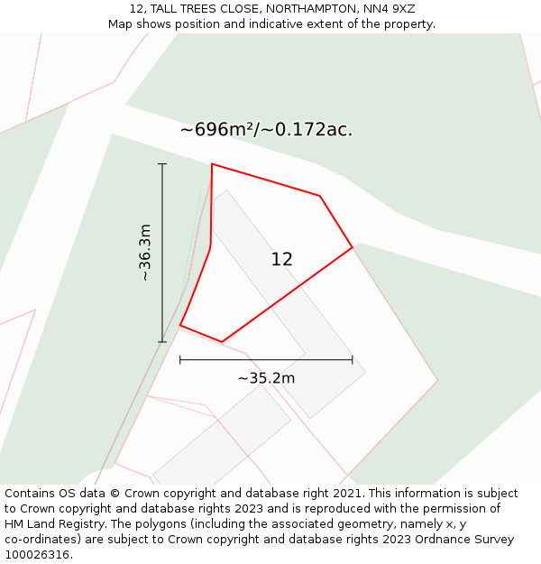 12, TALL TREES CLOSE, NORTHAMPTON, NN4 9XZ: Plot and title map