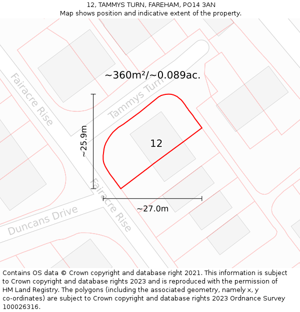 12, TAMMYS TURN, FAREHAM, PO14 3AN: Plot and title map