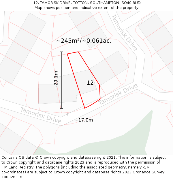 12, TAMORISK DRIVE, TOTTON, SOUTHAMPTON, SO40 8UD: Plot and title map