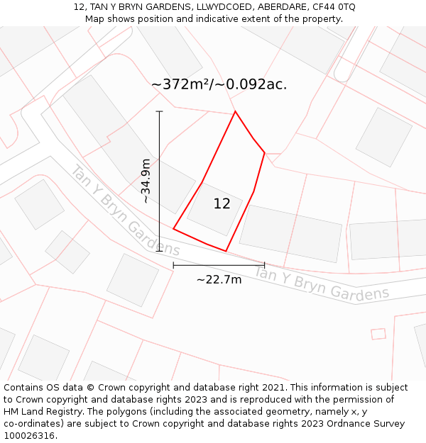 12, TAN Y BRYN GARDENS, LLWYDCOED, ABERDARE, CF44 0TQ: Plot and title map