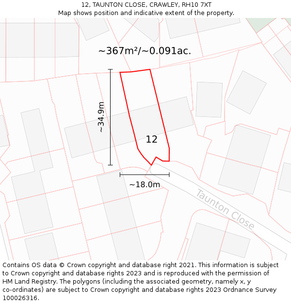 12, TAUNTON CLOSE, CRAWLEY, RH10 7XT: Plot and title map