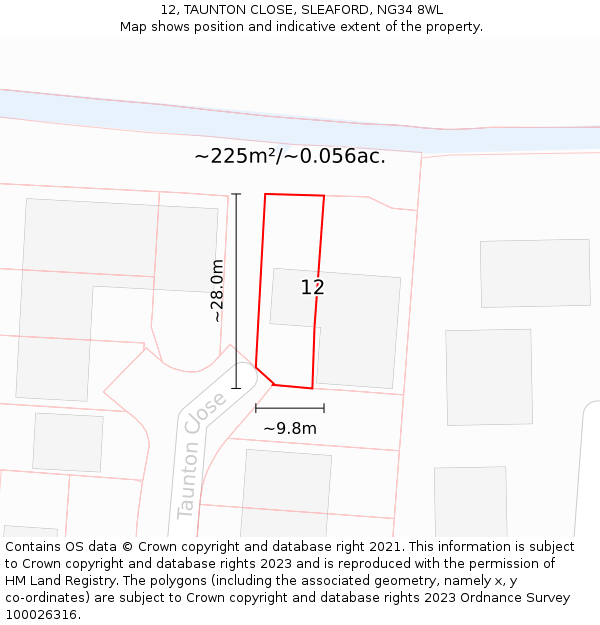 12, TAUNTON CLOSE, SLEAFORD, NG34 8WL: Plot and title map