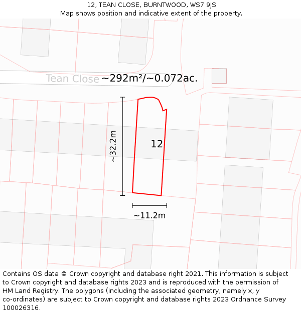 12, TEAN CLOSE, BURNTWOOD, WS7 9JS: Plot and title map
