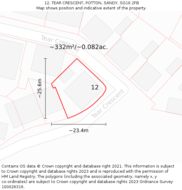 12, TEAR CRESCENT, POTTON, SANDY, SG19 2FB: Plot and title map