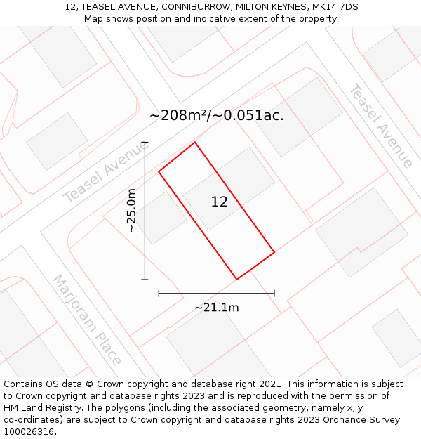 12, TEASEL AVENUE, CONNIBURROW, MILTON KEYNES, MK14 7DS: Plot and title map