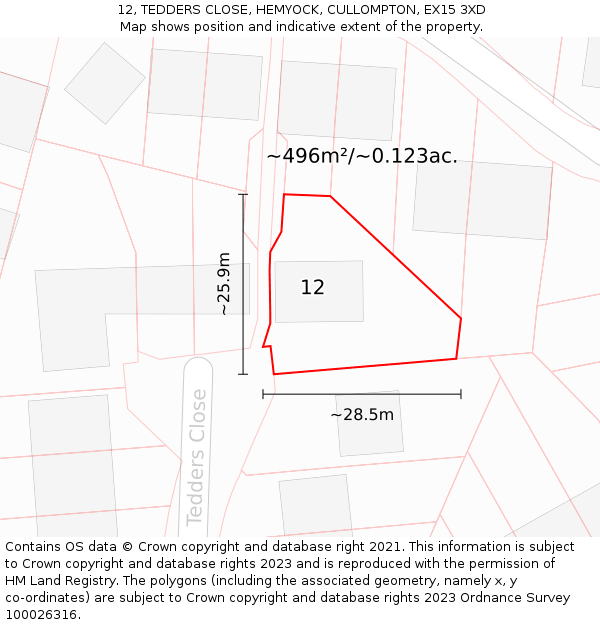 12, TEDDERS CLOSE, HEMYOCK, CULLOMPTON, EX15 3XD: Plot and title map