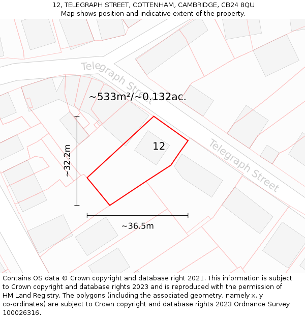 12, TELEGRAPH STREET, COTTENHAM, CAMBRIDGE, CB24 8QU: Plot and title map