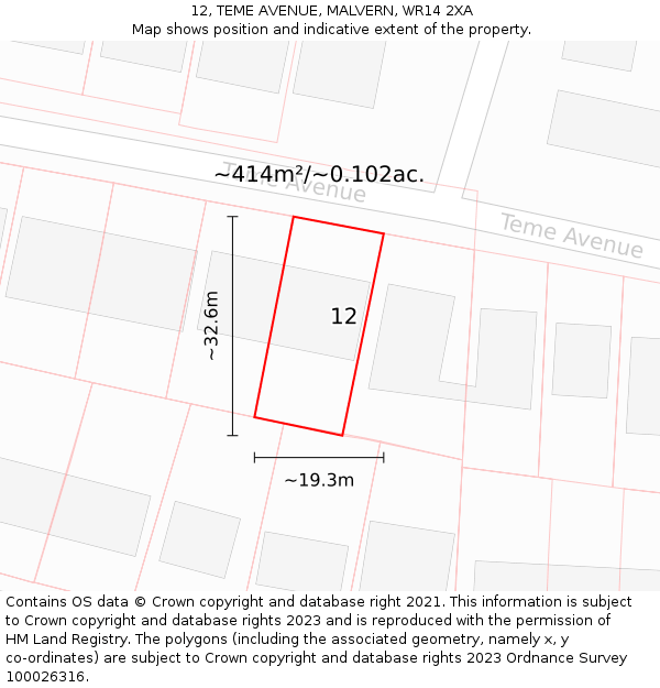 12, TEME AVENUE, MALVERN, WR14 2XA: Plot and title map