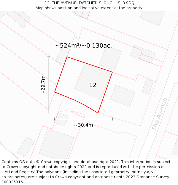 12, THE AVENUE, DATCHET, SLOUGH, SL3 9DQ: Plot and title map