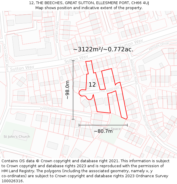 12, THE BEECHES, GREAT SUTTON, ELLESMERE PORT, CH66 4UJ: Plot and title map