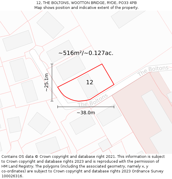 12, THE BOLTONS, WOOTTON BRIDGE, RYDE, PO33 4PB: Plot and title map