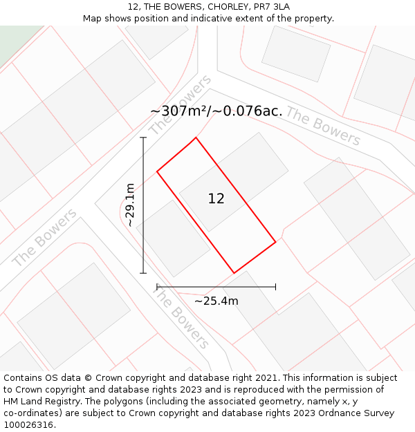 12, THE BOWERS, CHORLEY, PR7 3LA: Plot and title map