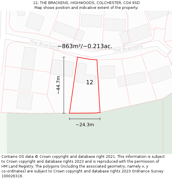 12, THE BRACKENS, HIGHWOODS, COLCHESTER, CO4 9SD: Plot and title map